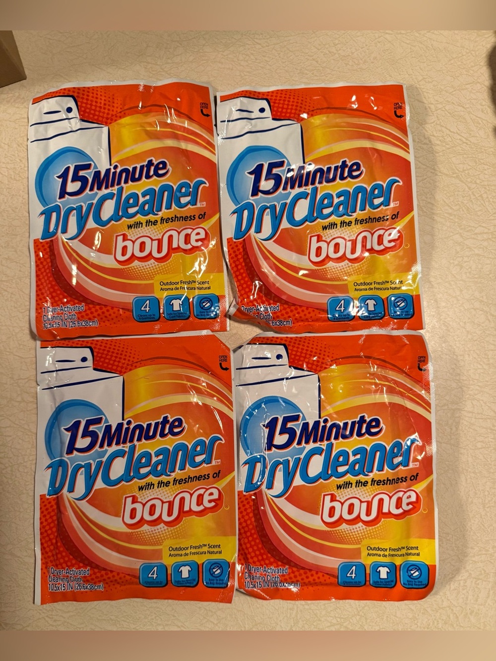 15 Minute Dry Cleaner w/ Bounce Outdoor Fresh Scent Dryer Activated Cloths x4